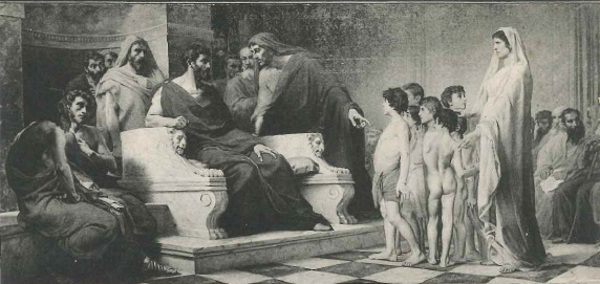 Symphorose ayant refusé d'abjurer la religion chrétienne, l'empereur Adrien la condamne au martyr avec ses sept fils_0